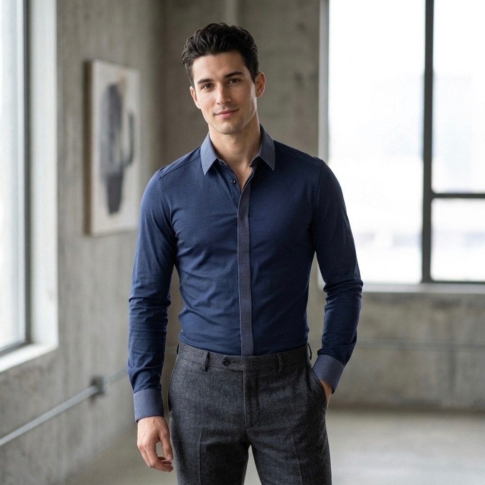 Dolce & Gabbana Gold Navy Blue Cotton Silk Shirt Contrast Trim‎ Mens 15.75 40